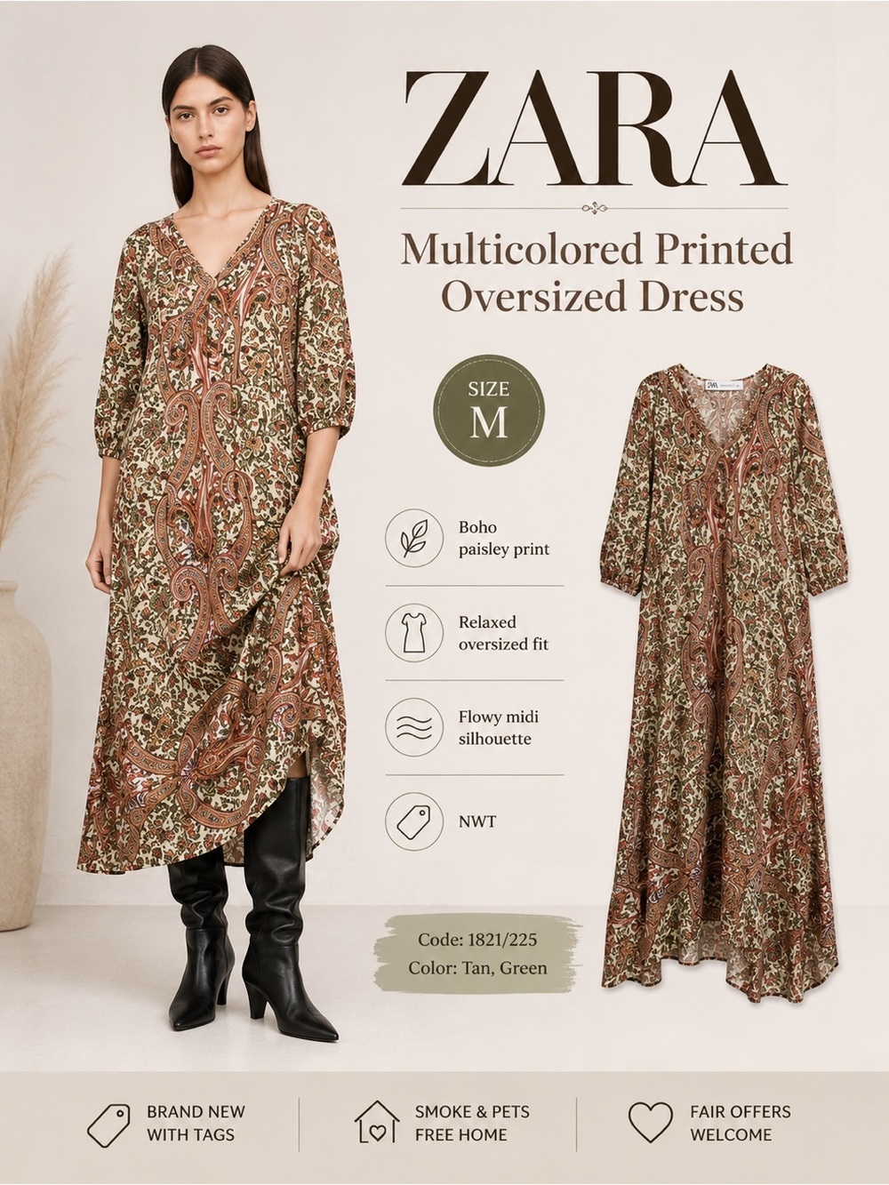 ZARA Multicolor Paisley Oversized Midi Dress Size M NWT Boho Printed Flowy Dress
